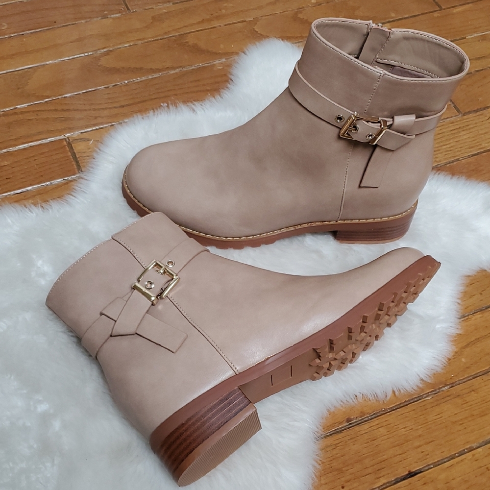 Maurices Tan Hannah Low Heel Ankle Boots with Buckle Accent